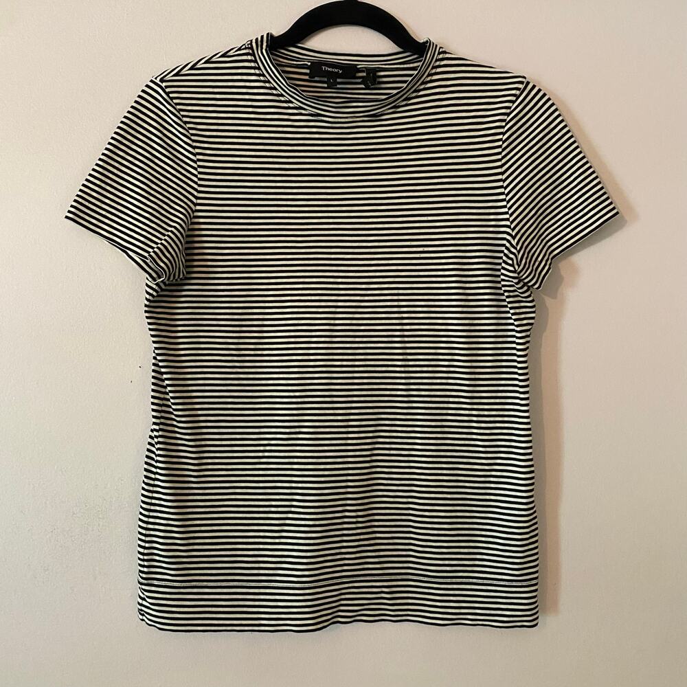 Theory Black White Stripe T-Shirt Minimalist Preppy Pima Cotton Women size Large